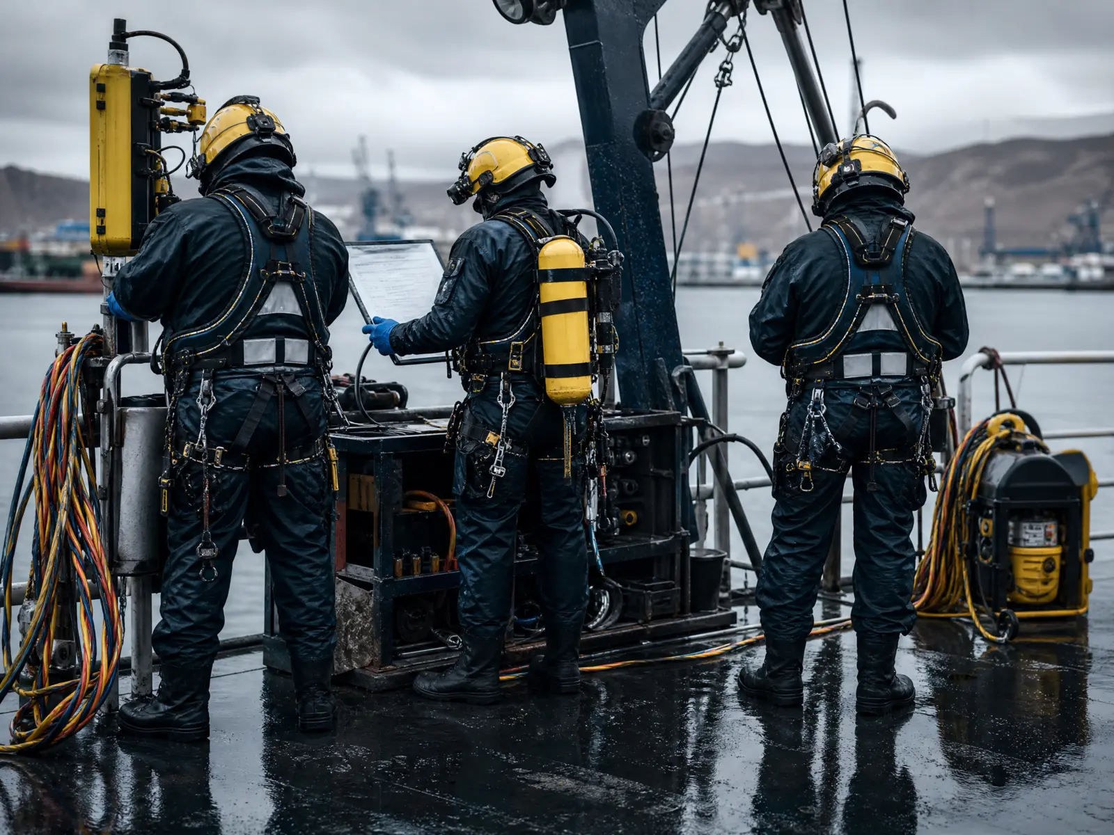 Equipo de buzos comerciales revisando equipamiento de seguridad en cubierta