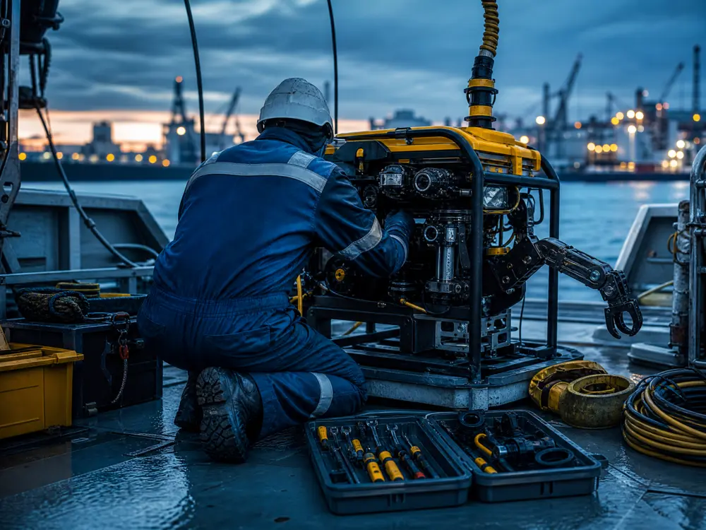 Técnico realizando mantenimiento a un ROV en cubierta